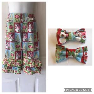 NWOT 6/9m Machine Sewn snowman/SNOW/presents Christmas pants/bows